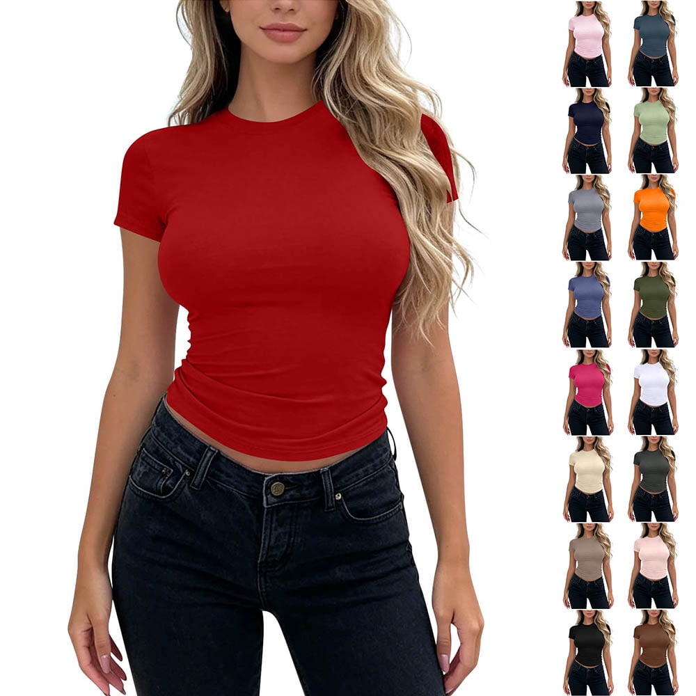 Otvok Womens Casual T Shirts Summer Tops Short Sleeve Going Out Crop Tops Round Neck Slim Fitted Basic Tee