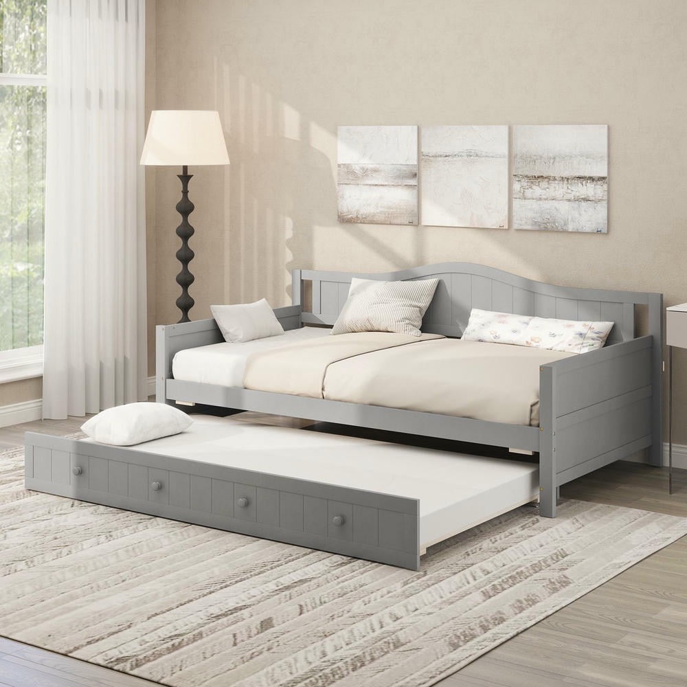 Barara King Twin Size Bedroom Trundle Bed Frame with Trundle and Slats Support on Wheels, Bed Platform Frame for Bedroom, Apartment, Gray