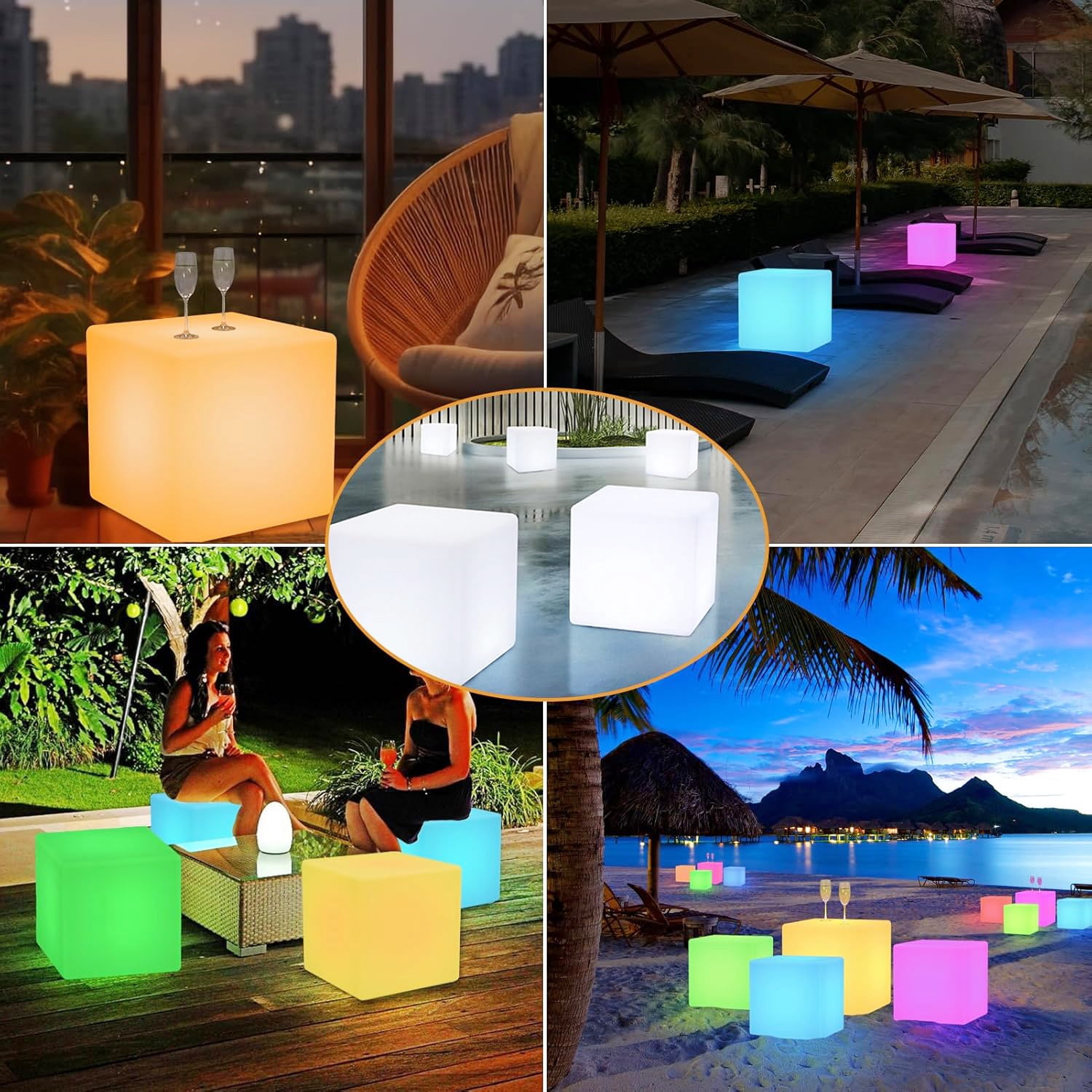 Postlucky Outdoor Solar LED Lamp, 11.8in Cube Waterproof Multicolor Dimmable LED Light for Garden Patio Yard Pool
