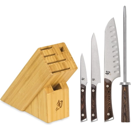 Kanso 5 Piece Block Set, Includes 3.5” Paring, 7” Santoku, 6” Utility Knives and More, Handcrafted Japanese Knife Set, AUS10A Stainless Steel Blades, Tagayasan Handles