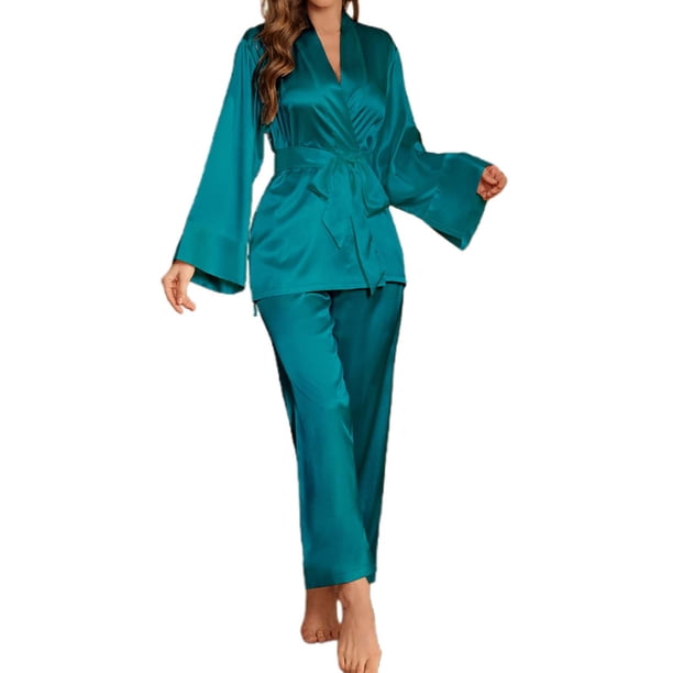 Conjunto de pijama de seda para mujer: bata y pantalones de color liso para estar por casa, poliéster, tallas S-XXL