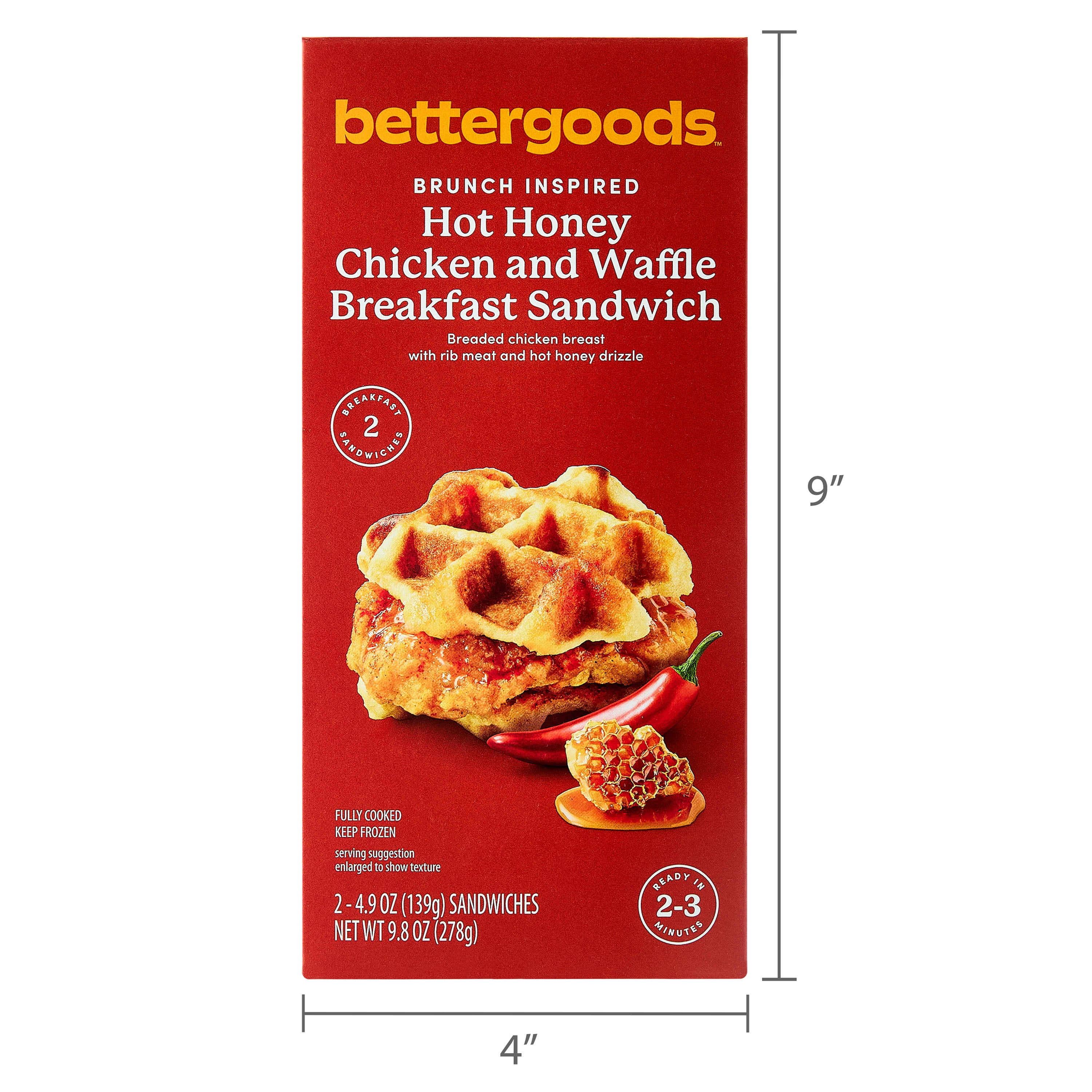 bettergoods Hot Honey Chicken and Waffle Breakfast Sandwich, 4.9 oz, 2 Count (Frozen)