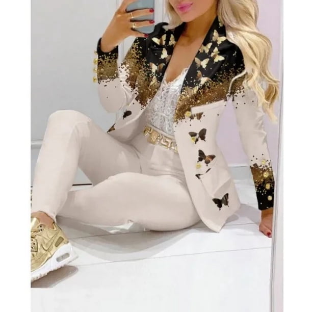 Nuevo 2024 conjuntos de pantalones formales de oficina para mujer, 2 uds., Blazers lisos con doble botonadura, chaqueta y pantalones, conjunto de dos piezas, trajes de pantalón femenino