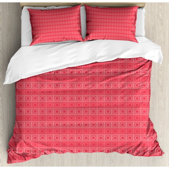 Abstract Duvet Cover Set King Size, Intertwined Squares Pattern on Warm Toned Background Symmetric Design, Decorative 3 Piece Bedding Set with 2 Pillow Shams, Dark Coral White Blush, by Ambesonne