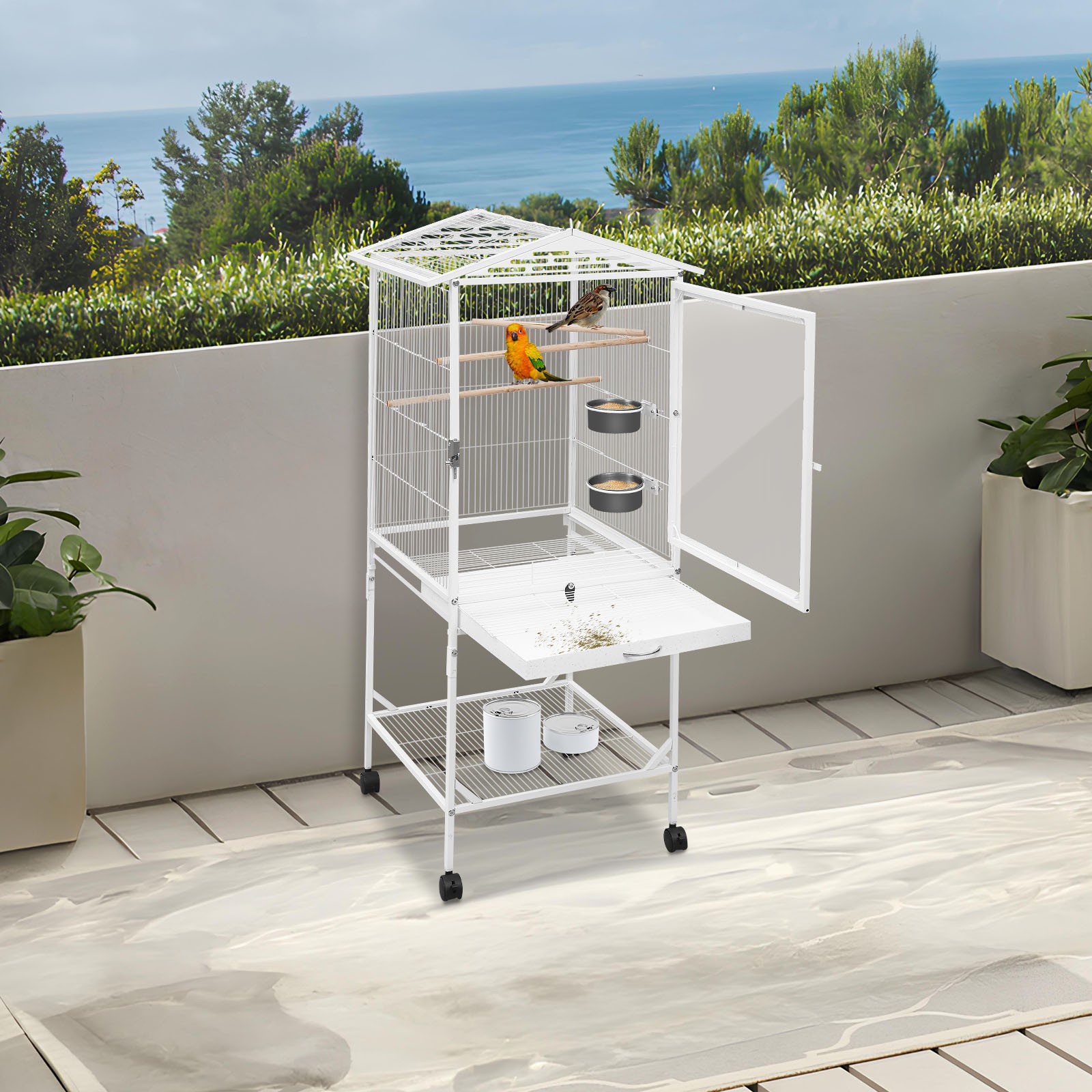 Bird Cage with Wheels, Cage for Parrots, Large Bird Cage, for Homes, Shops, and More on Balconies, for Cockatiels, Budgerigars, Long-tailed Parrots, or Other Birds