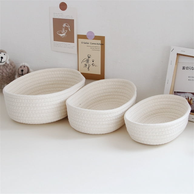 WRXMIJNHGSA Home Textile Storage Under $15 Small Woven Baskets Empty Tiny Storage Baskets Mini Cotton Rope Baskets Oval Decorative Hampers 3PC