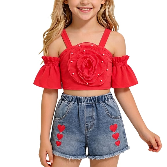 Girls 2Pcs Skirts Sets Outfits Summer Off Shoulder Crewneck Tops and Denim Vintage Skirts Versatile Cute Bow Print Tops School Outfits Casual Children Clothes Age 2-8 Years Red 7-8Years