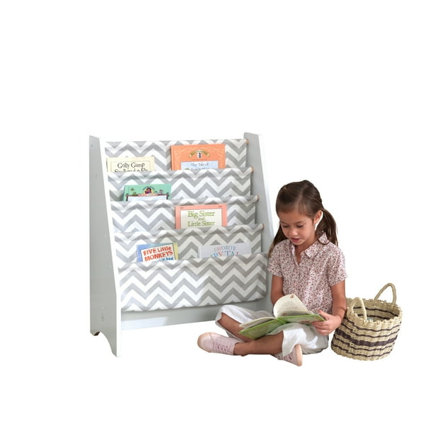KidKraft Wooden Sling Shelf Bookcase White and Gray Chevron Pattern