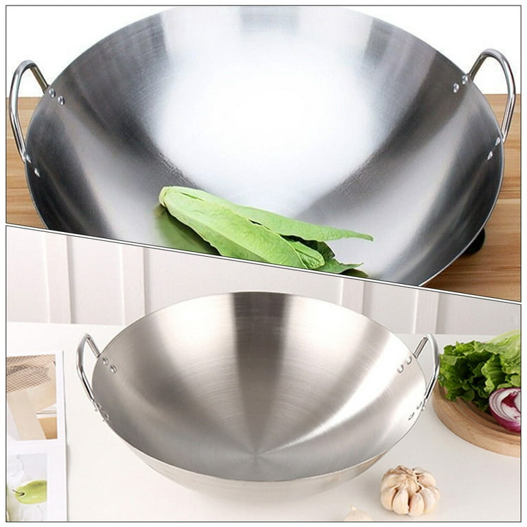 Hemoton Stainless Steel Wok Round Bottom Wok Large Fry Pan Large Capacity  Saute Pan