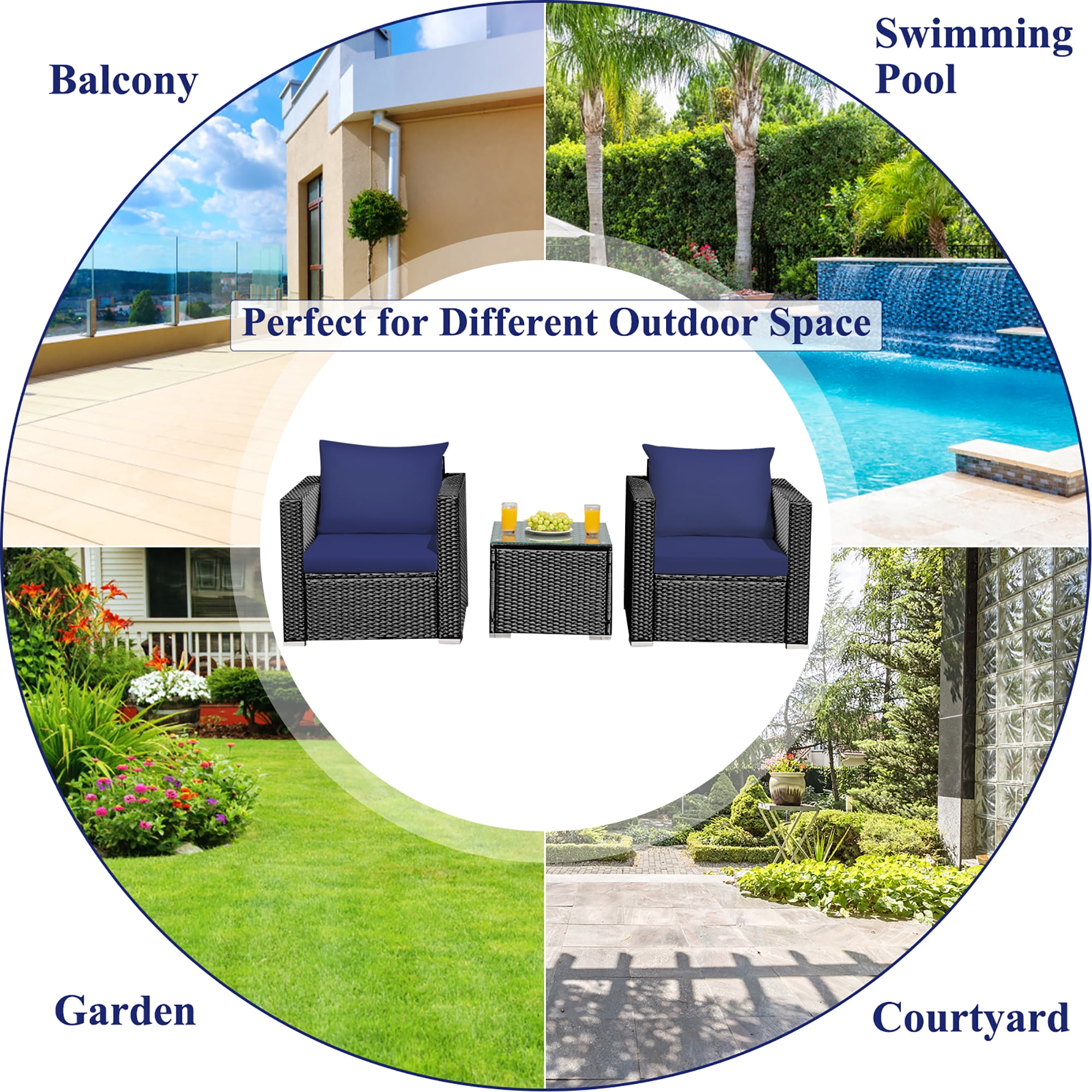 Costway 3PCS Patio Rattan Wicker Furniture Set Sofa Table W/Cushion Yard Navy