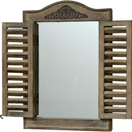 Vintage Style Mirror French Country Style Rustic Window Mirror with Shutters, Sustainable Wood, Approx. 18 Inches High, Distressed Gray Wash with Vintage Style Metal Decoration ()