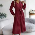 thumbnail image 5 of SMihono Classic Pleated Dresses Womens High Waist Shirt Dress with Belt Long Sleeve Button Up V-Neck Fashion Flowy Midi Dress Spring A-Line Long Dresses Wine 8, 5 of 7