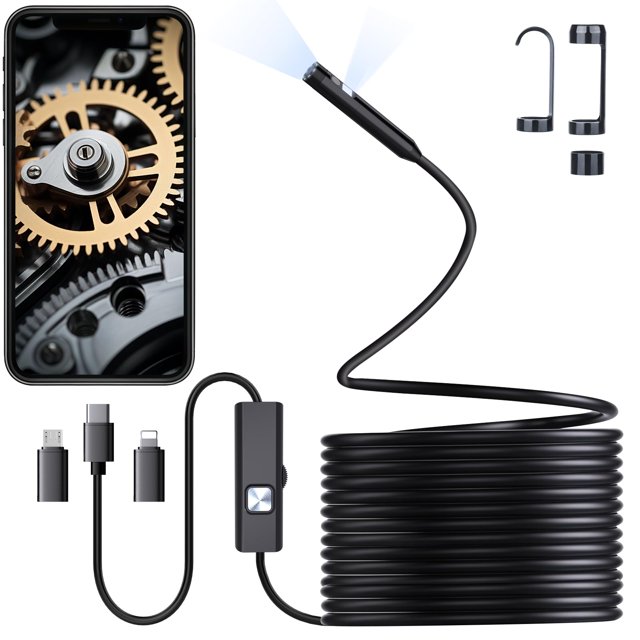 Preciva Caméra d'Endoscope à Double Objectif, Caméra d'Endoscope 1920P HD avec 8 Lumières DEL Réglables, Semi-Rigide de 16,5 Pi pour iOS et Android