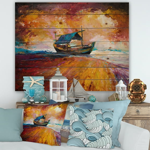 Designart 'Traditional Fisherboat During Ocean Evening Glow' Nautical & Coastal Print on Natural Pine Wood