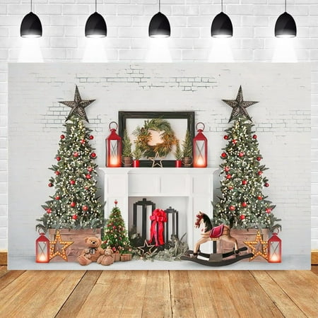 Image of Christmas Backdrop Room Fireplace Tree Brick Wall Toy Doll Photography Background Photo Studio Baby Portrait Vinyl Photocall