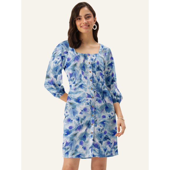 DressBerry Women's Printed Poly Crepe Dress Casual Summer Long Puffed Sleeves Above Knee Length High Waist Square Neck Buttoned Front Western Style Light Weighted Straight Cut Short Dress