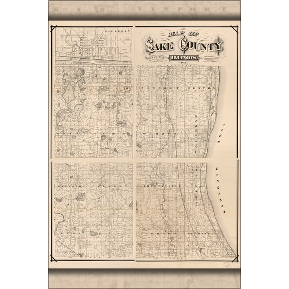 24"x36" Gallery Poster, Map of Lake County, Illinois 1873
