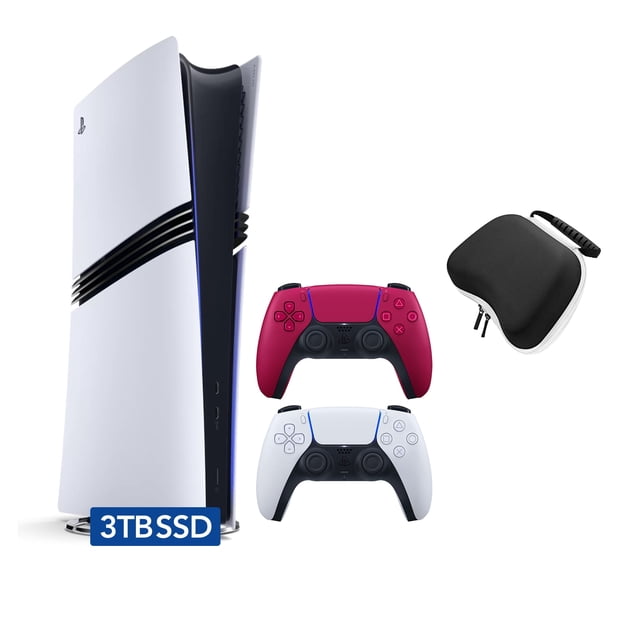 PlayStation 5 Pro 3TB SSD Digital Console with Two Controllers, White and Cosmic Red DualSense and Mytrix Hard Shell Protective Controller Case - Flagship PS5 Pro Console