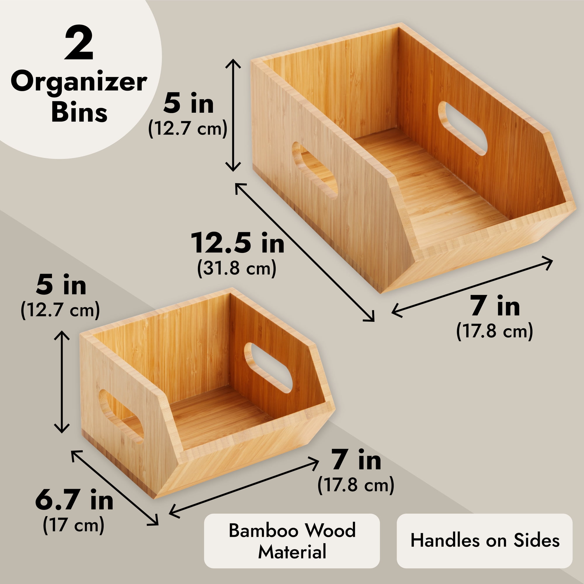 Bamboo Storage Bins for Pantry & Kitchen Cabinet Organizer Multi-Purpose 2 PC