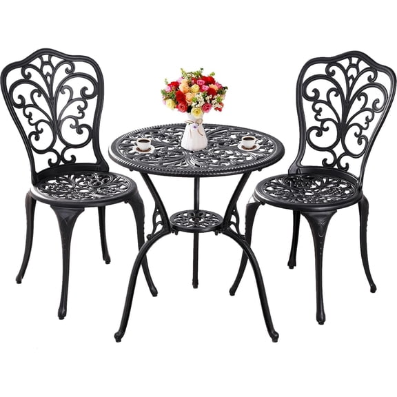 Outdoor Bistro Set 3 Piece Patio Bistro Set, Cast Aluminum Bistro Table and Chairs Set of 2, Small Patio Table Set for Porch, Black