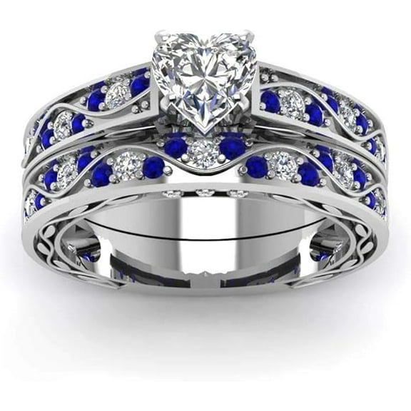 Gems Jewels 14K White Gold Plated 2 Ct Heart Cut White Diamond & sapphire Wedding Engagement Thanksgiving Bridal Ring Set For Women's 925 Sterling Silver -6.5