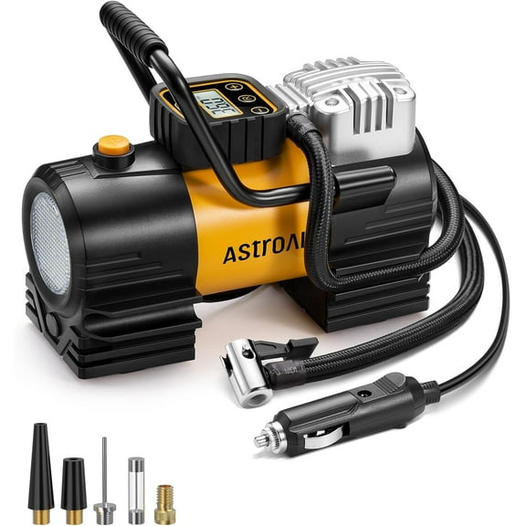 AstroAI Tire Inflator Portable Air Compressor (Up to 150 PSI) Tire Pump for Car 12V DC Digital Air Pump with 12 LEDs Super Bright Light for Bicycle, Motorcycle, Automotive Car Accessories