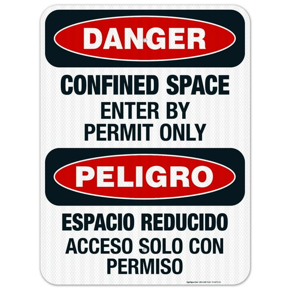 Confined Space Enter By Permit Only Bilingual Sign, OSHA Danger Sign, 18x24 Reflective Aluminum EGP