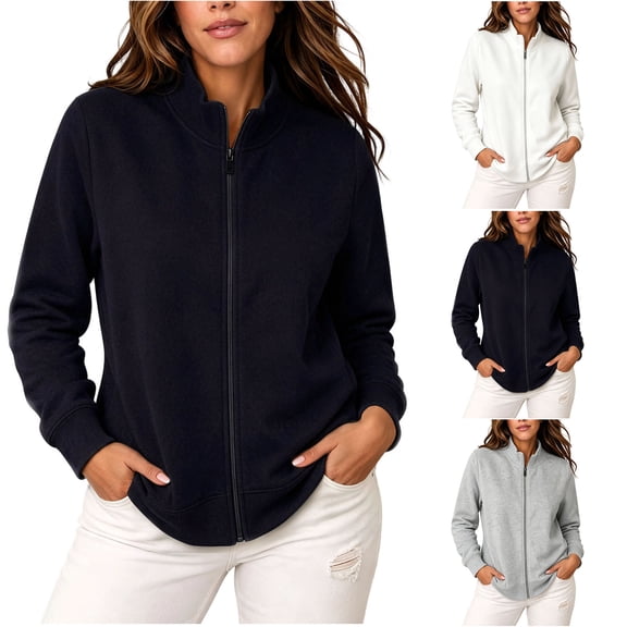 Mock Neck Sweatshirt Zaewscy Fashion Women's Solid Color Long Sleeves Zipper Leisure Stand Collar Coat Top Black L