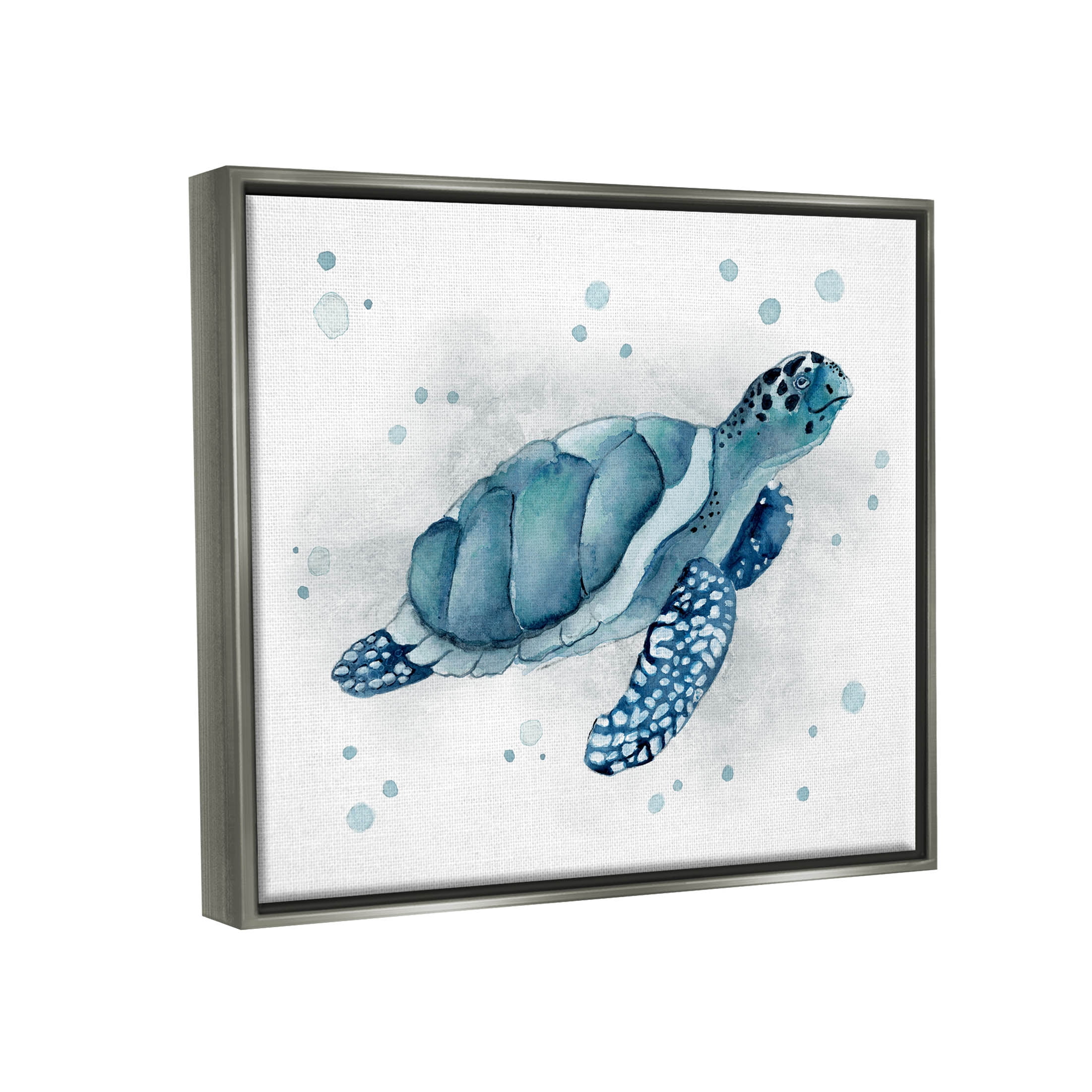 Stupell Industries Blue Happy Turtle Bubbles Graphic Art Luster Gray Floating Framed Canvas Print Wall Art, Design by Janet Tava