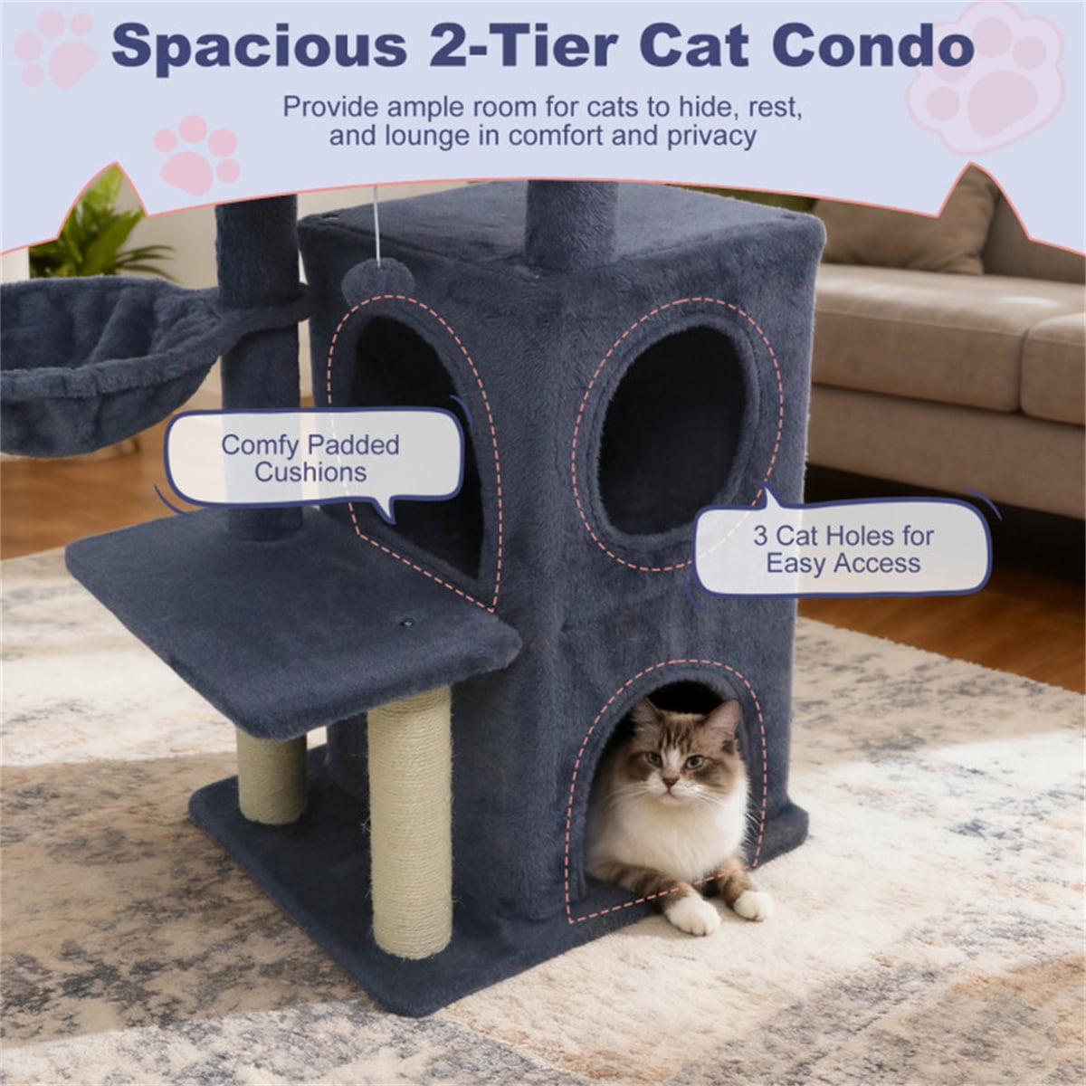 ZephyPaws Tall Cat Tree Tower for Indoor Cat, 35in Multiple-Level Cat Condo with 2 Caves, Cat Scratching Posts,Perches,Dark Gray