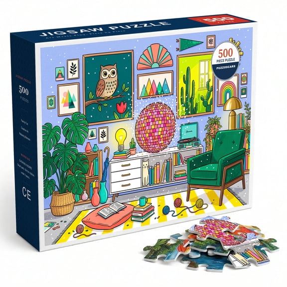 500 Piece Puzzle for Adults, Colorful Retro Living Room Interior with Glowing Disco Ball Jigsaw Puzzles, Houseplants Cat Owl Painting Vibrant Illustration Artwork Hobby Brain Teasing Home Decor