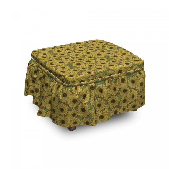 Floral Ottoman Cover, Sunflowers Nature Beauty, 2 Piece Slipcover Set with Ruffle Skirt for Square Round Cube Footstool Decorative Home Accent, Standard Size, Khaki and Olive Green, by Ambesonne