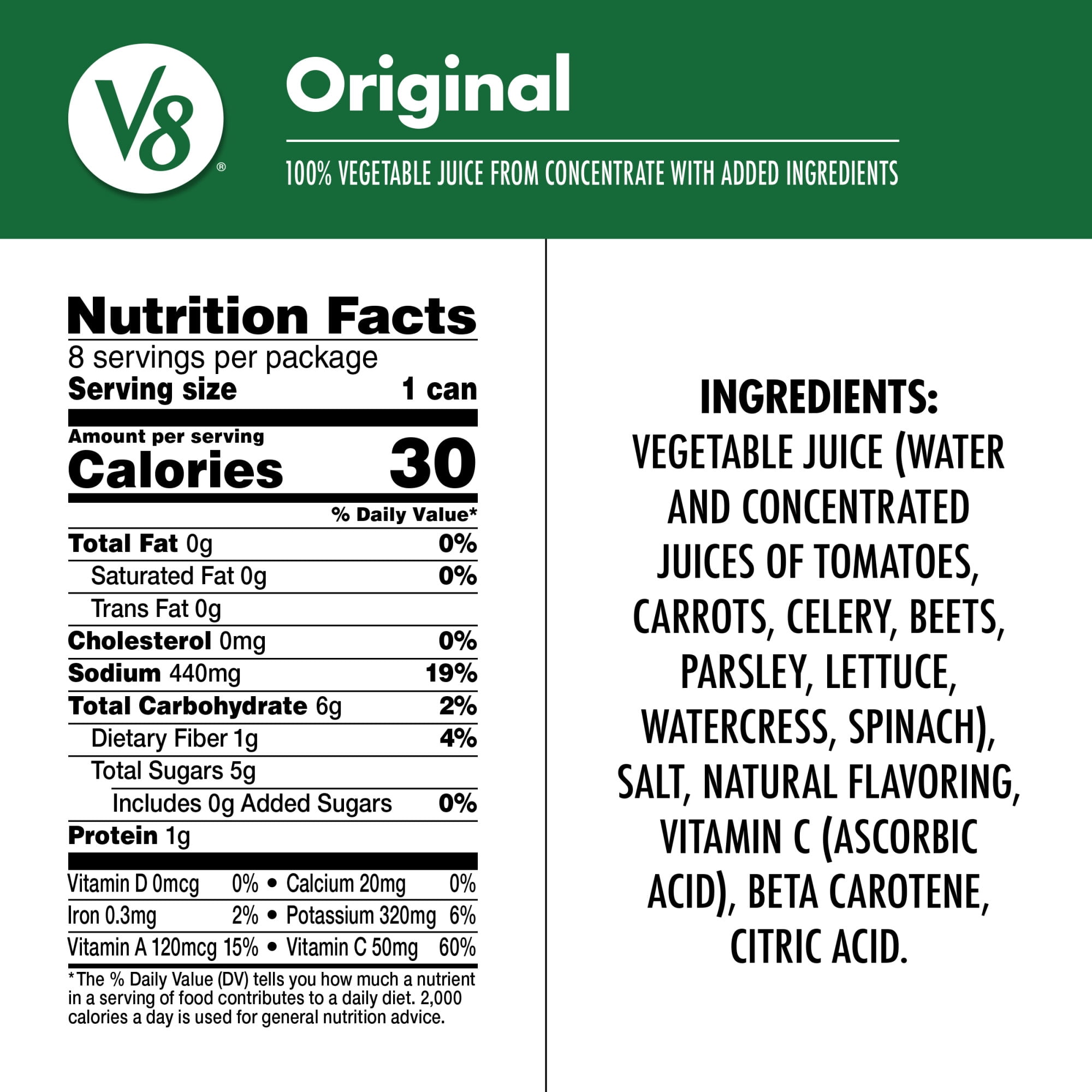 (6 pack) V8 Original 100% Vegetable Juice, 5.5 fl oz Can, 8 Count
