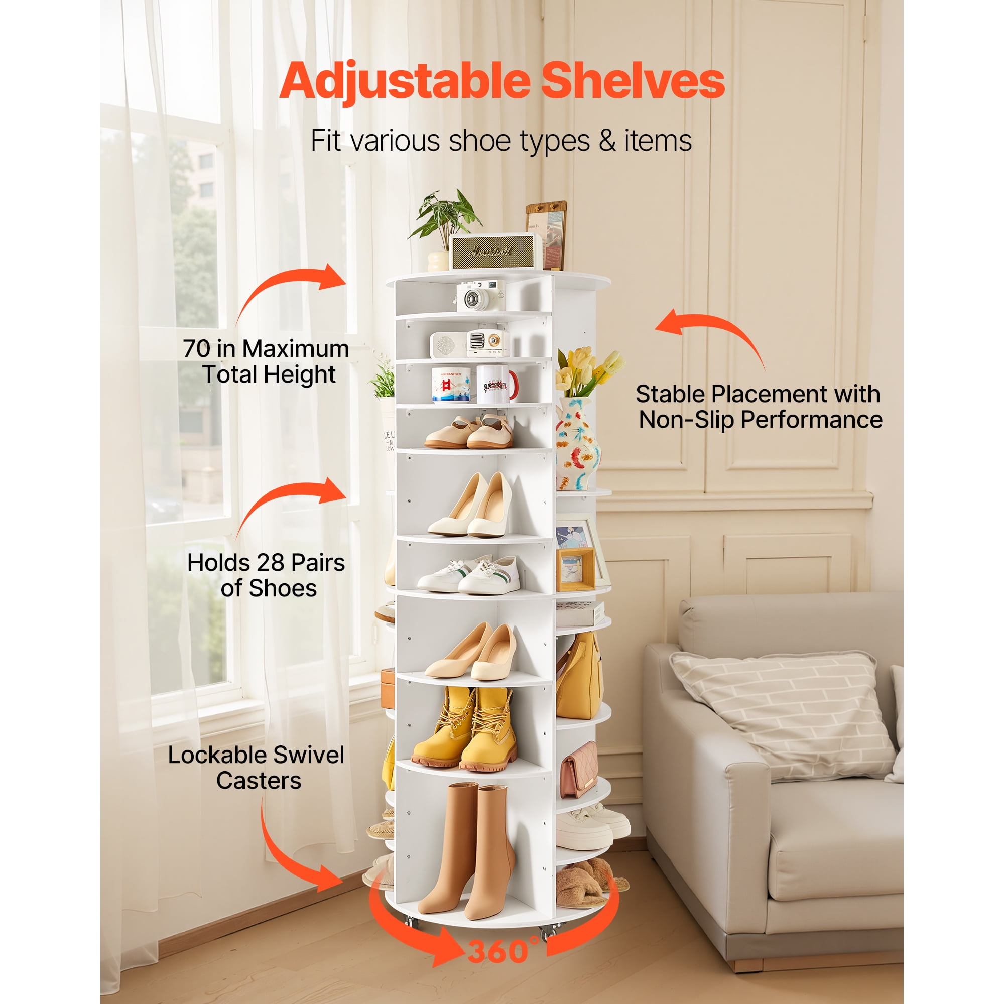 KFFKFF 7-Tier Rotating Shoe Rack Tower with Adjustable Shelves, 360° Spinning Organizer with Wheels, Movable Carousel Storage for Bedroom, Living Room, Entryway, Closet, White