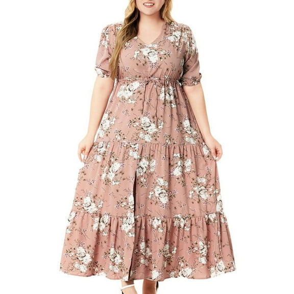 Lovskoo 2024 Women's Plus Size Summer Boho Maxi Dress Short Sleeve V Neck Smocked Flowy Ruffle Tiered Beach A-Line Split Long Dresses Pink 2XL