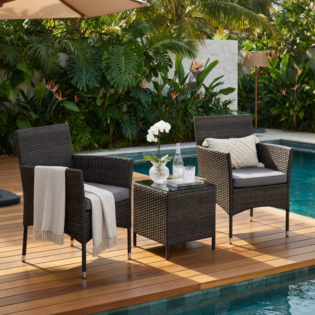 Hommoo 3-Piece Outdoor Wicker Conversation Set, PE Rattan Chairs with Cushions & Tempered Glass Square Coffee Table for Patio, Backyard, Poolside, Gray