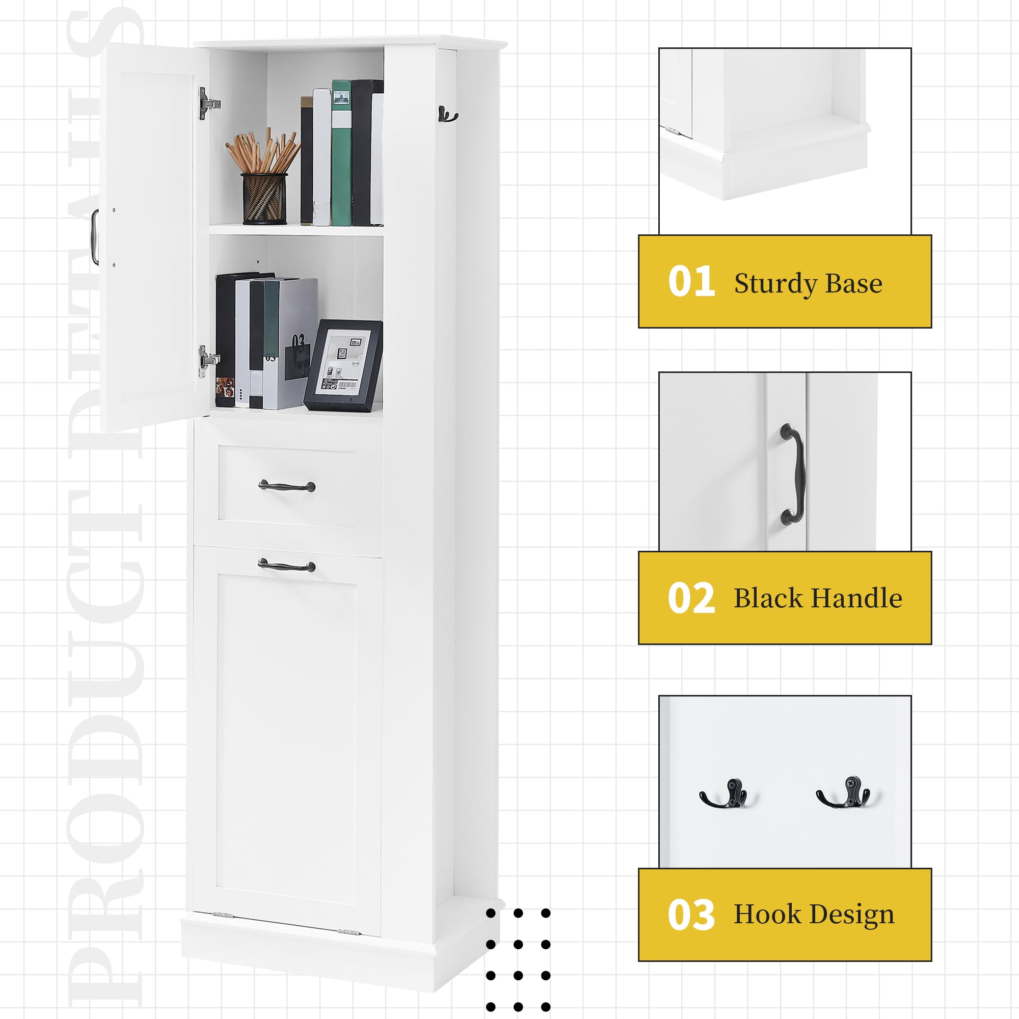 Euroco Tall Bathroom Storage Cabinet with Tilt-Out Hamper, Adjustable Shelves, Soft-Close Hinges, Side Hooks, Modern Slim Linen Tower Organizer
