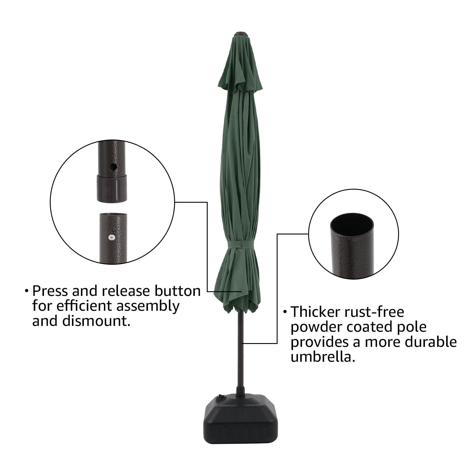 Patio Umbrella, 11' Outdoor Table Market Large Umbrella with 8 Steel Ribs and Crank, Water/Sand Self-Filled Umbrella Base Included, Dark Green