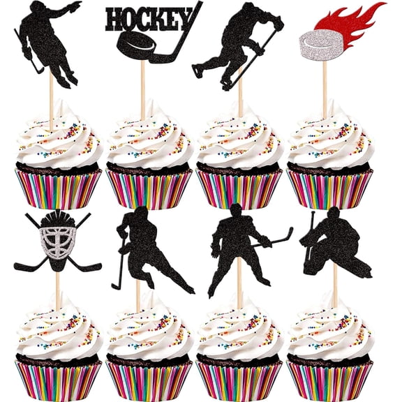 Hockey Cupcake Toppers, Black Glitter, 12 Pack, Ice Sports Theme Birthday Party Cake Decorations for Kids Boys and Girls
