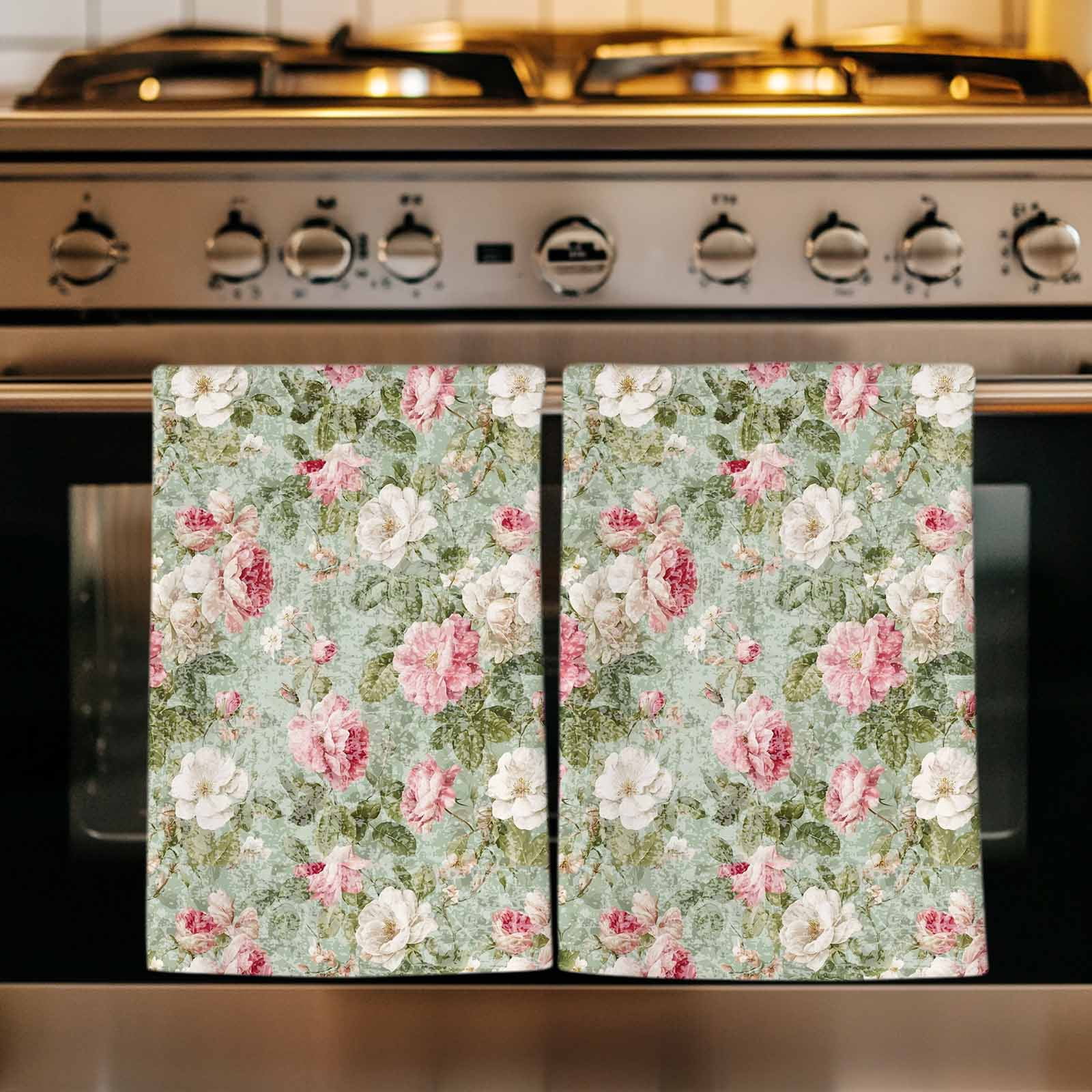 Dish Towels, Pink Bloom Flowers Absorbent Kitchen Towels 2 PCS, Retro Spring Floral Microfiber Hand Towels Dish Cloths Tea Towels for Home&nbsp;Bathroom Cleaning Drying,18X28-Inch,