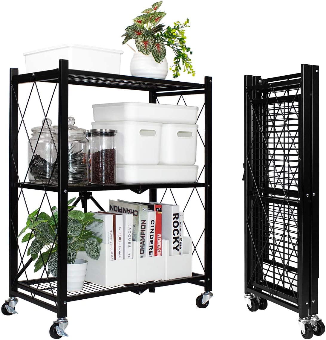 3Tier Foldable Storage Shelves with Wheels, Collapsible Wire Shelving