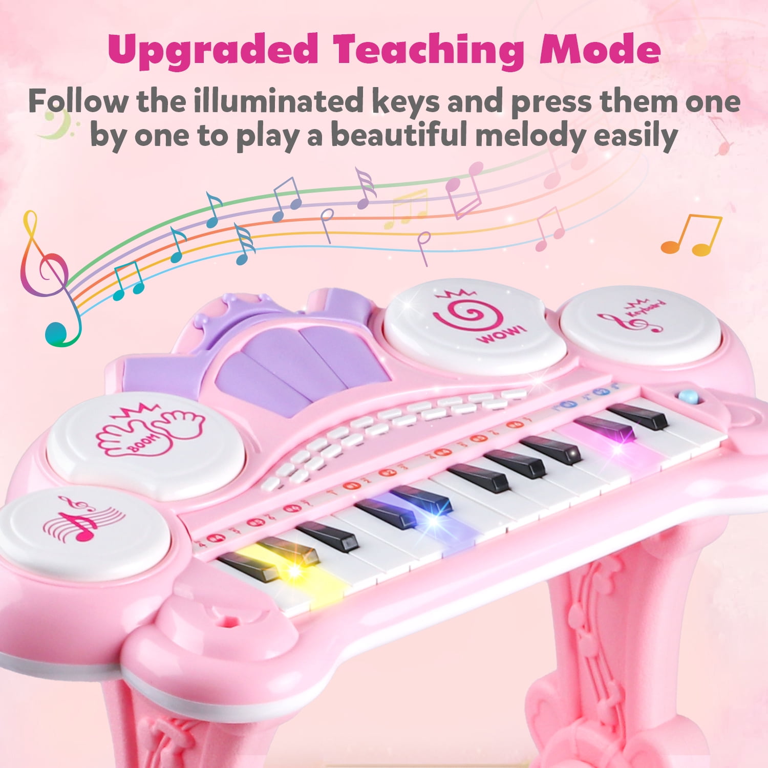Beefunni Electronic Piano Keyboard, 24-Key  Piano Music Toy, Birthday Gift Girls, with Microphone, Stool - Pink