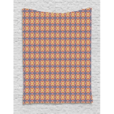 Yellow and Blue Tapestry, Colorful Grid Flower Pattern Ornamental Medieval Ethnic Eastern Design, Wall Hanging for Bedroom Living Room Dorm Decor, 40W X 60L Inches, Multicolor, by Ambesonne