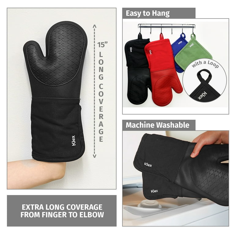 KLEX 15 Silicone Oven Mitts Pair, 932°F Heat Resistance, Cotton Lining  Gloves, Black 