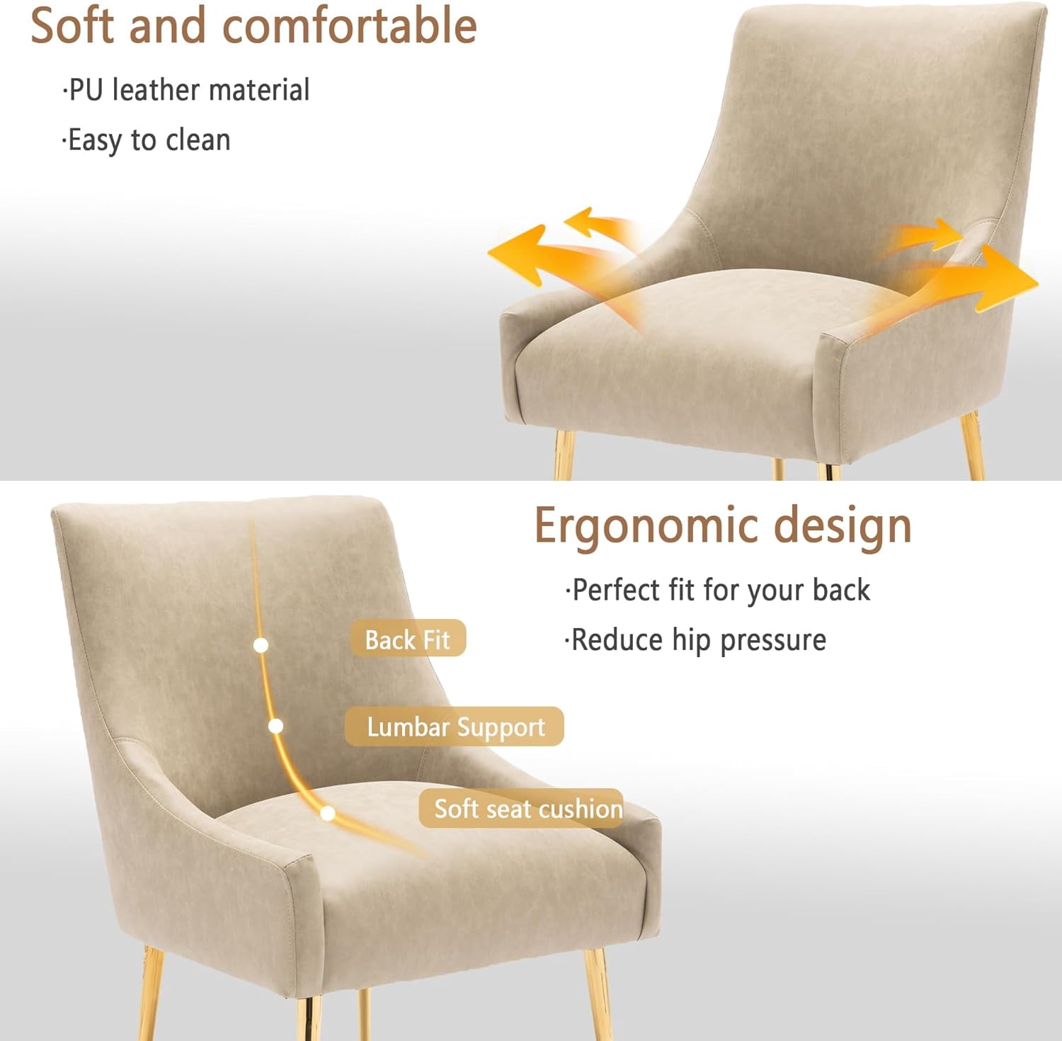 SEYNAR Modern Glam PU Leather Dining Chair or Vanity Chair Set of 2 with Rear Handle(Dark Apricot)