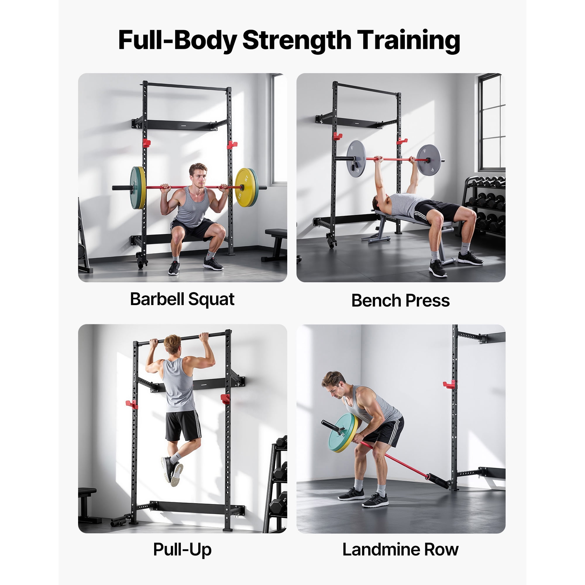KFFKFF Folding Wall-Mounted Power Cage, Multifunctional Squat Rack for Strength Training, Home Gym Equipment with Adjustable J-Hooks, Pull-Up Bar, Landmine Holder, and 1000LBS Weight Capacity