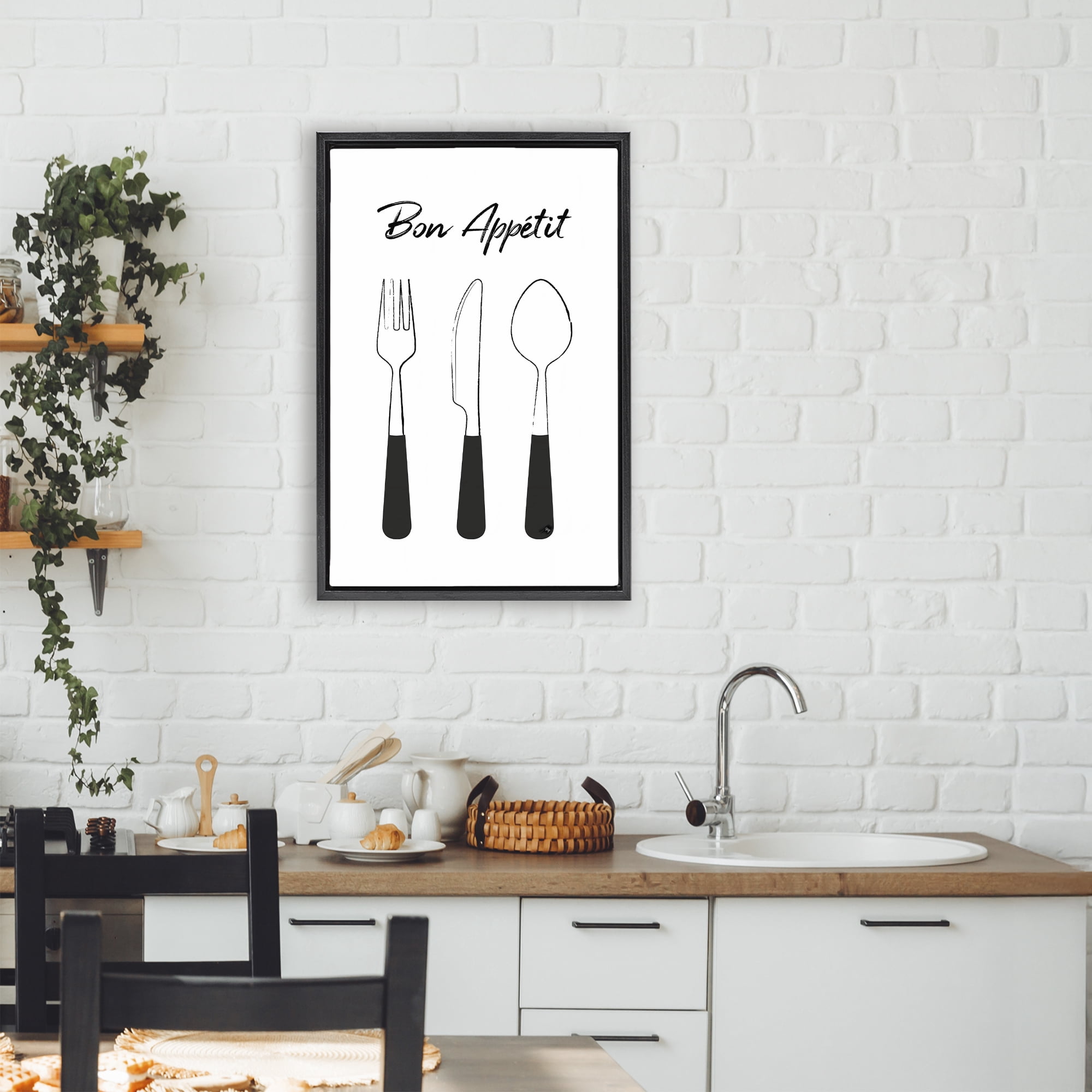 Stupell Industries Bon Appetit Fork Knife Spoon Black Framed Floater Canvas Wall Art, design by Martina Pavlova