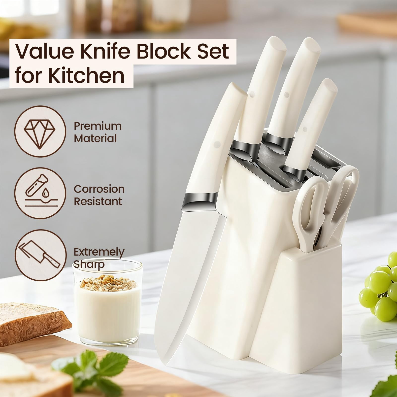6-Piece White Kitchen Knife Set with Block, Stainless Steel Cutlery Set, Ultra-Sharp Chef Knives, Rust-Resistant Knives, Ideal Housewarming Gift
