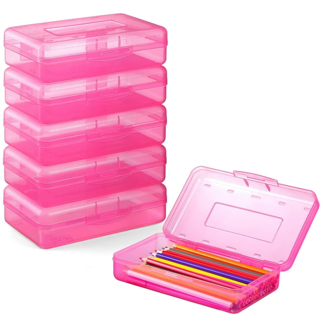 6 Pack Clear Pencil Box, Plastic Large Capacity Pencil Boxes Plastic Boxes with Snap-tight Lid, Office Supplies Storage Organizer Box, Stackable Design and Stylish,Red