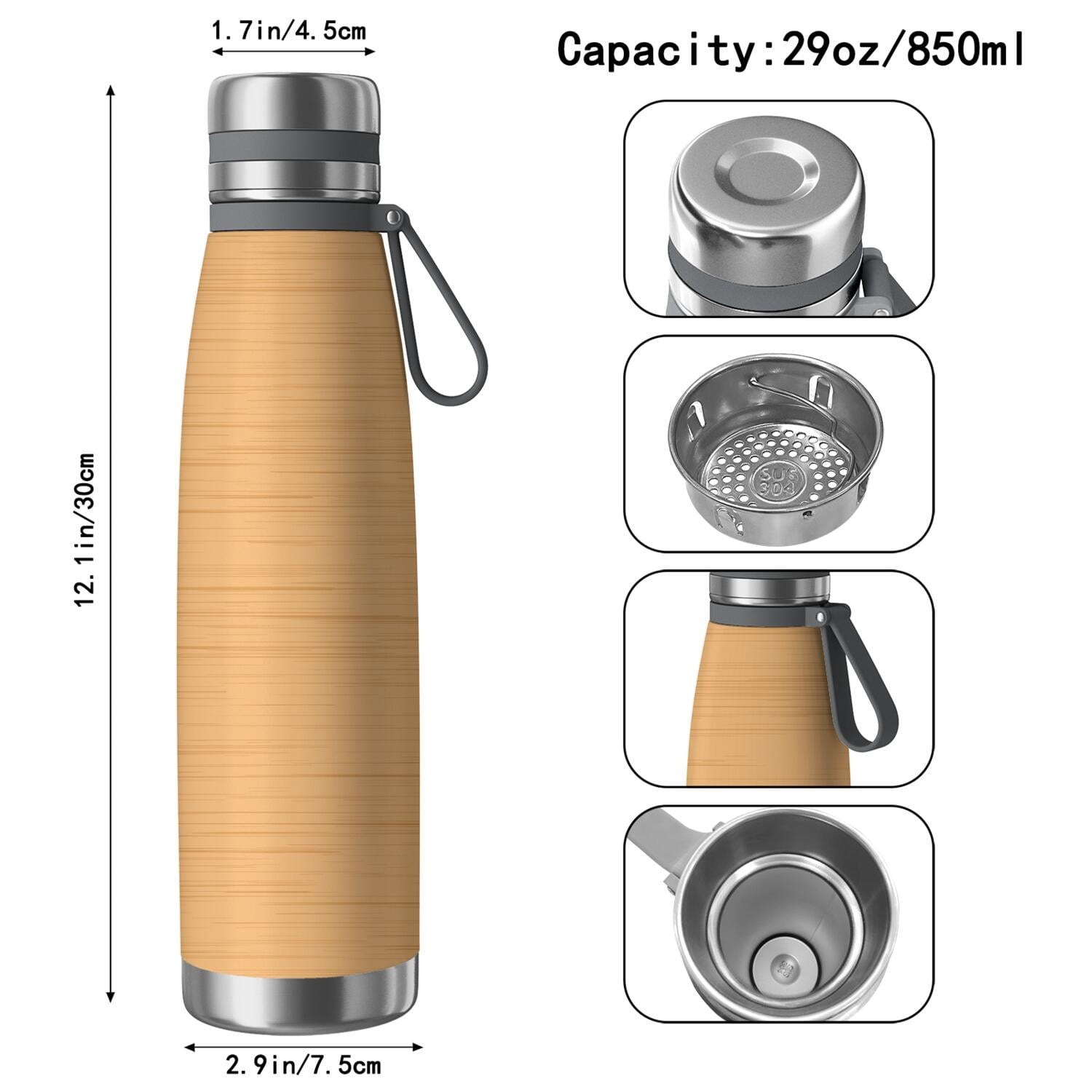 29oz Insulated Water Bottle with Tea Infuser, Stainless Steel Travel Mug, Wood Print